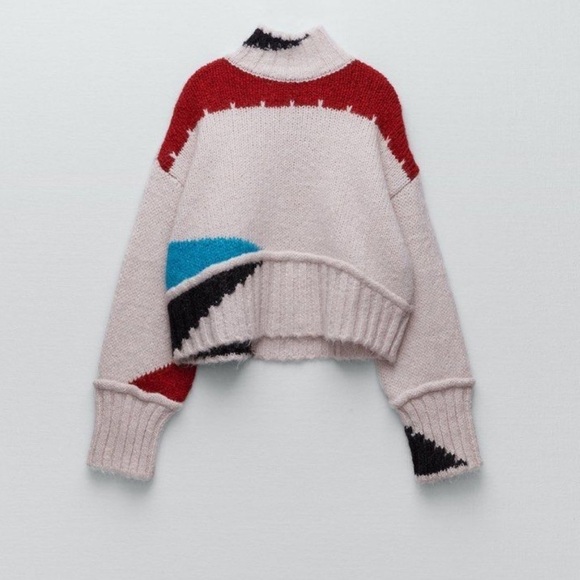 ZARA COLOR BLOCK WOOL BLEND KNIT SWEATER PINK - Picture 8 of 8